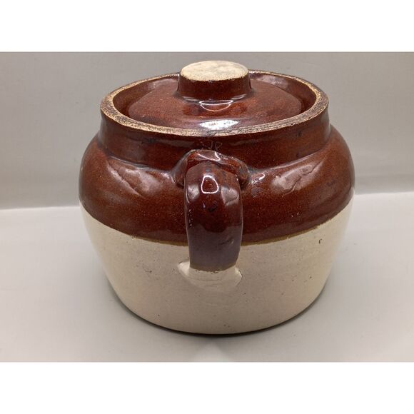 Antique Small Bean Pot Single Handle Stoneware Crock Brown Cream USA Crockery - Picture 4 of 15